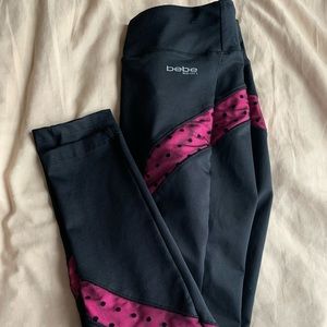 black leggings with pink mesh and polka dots